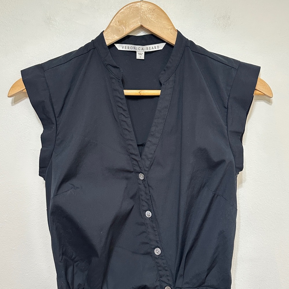 Veronica Beard Ruched Poplin Shirtdress Women 0 Black Cotton Asymmetric Midi - Picture 6 of 14